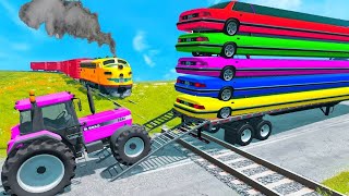 Double Flatbed Trailer Truck vs Speedbumps Train vs Cars | Tractor vs Train Beamng.Drive 14