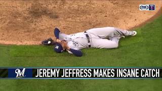 Pitcher Jeremy Jeffress makes an insane catch! Slow motion replay