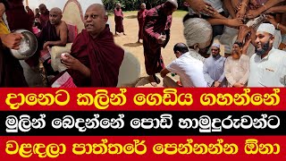 දානෙට කලින් ගෙඩිය ගහන්නේ | මුලින් බෙදන්නේ පොඩි හාමුදුරුවන්ට | වළඳලා පාත්තරේ පෙන්නන්න ඕනා