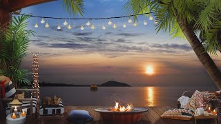 Cozy Summer Terrace Ambience | Relaxing Fireplace & Beach Waves |  Sea View Terrace