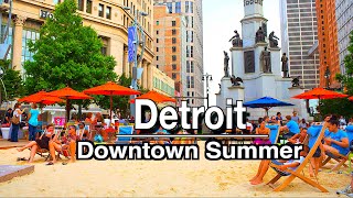 Detroit Downtown Michigan Summer Walking Tour | 5K 60FPS | City Sounds