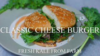 Classic and Healthy Cheese Burger with Fresh Kale from Farm