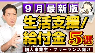 【生活支援・給付金 5選】3-5万円給付金/ 年金保険料の減額・免除・猶予/ 国民健康保険料の減額・免除/ 求職者支援制度 月10万円/ ご参考：すまこま、生活保護等  ≪23年9月時点≫