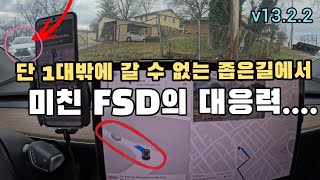 로보택시 같은 End to End 주행, 단 1차량만 지나갈 수 있는 좁은 골목길에서 fsd가 다른차를 만났을때? / 테슬라 자율주행, Tesla FSD v13 (미국)