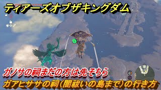 ゼルダの伝説ティアーズオブザキングダム　ガアヒササの祠（闇祓いの島まで）の行き方　ガノサの祠まだの方は先そちら　空にある祠の場所　祝福の光集め　＃３７７　【ティアキン】