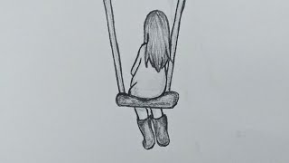 رسم سهل | رسم فتاة حزينة تتأرجح لوحدها في شجرة | رسم بنت من الخلف تتأرجح بطريقة سهلة للمبتدئين