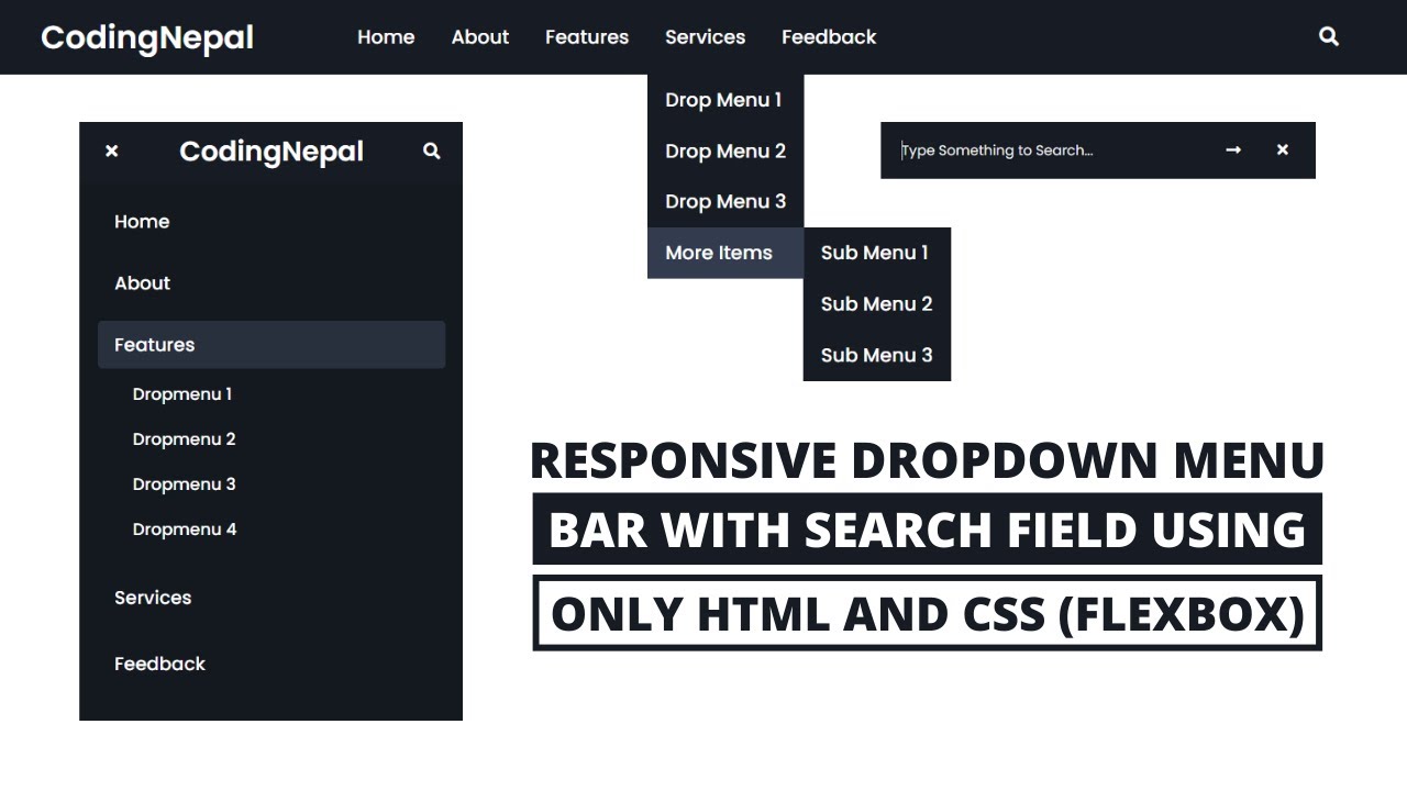 Responsive Dropdown Menu Bar With Search Field Using Only HTML & CSS ...