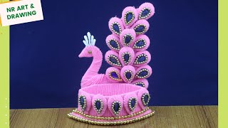 DIY Beautiful Peacock Design Showpiece Making Ideas Using Waste Plastic Bottle and Woolen Rope