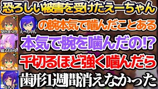 過去にまつりちゃんから本気で噛まれ、歯形が1週間消えない恐ろしい被害を受けていたえーちゃんw【ホロライブ切り抜き/猫又おかゆ/夏色まつり/友人A】