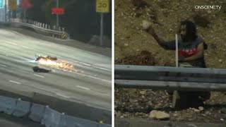 Rock-thrower causes crash on 110 Freeway, video shows
