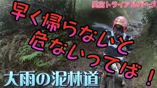 大雨大好き女子！林道が川になり、その中をバイクで走る！何度転んでも帰ろうとしない！木が倒れたり、崖が崩れたり！危険なので早く帰ろう！！！