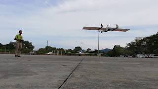 Hover test of a plank wing vectored-yaw tricopter tilt-rotor VTOL based on PIXHAWK controller.