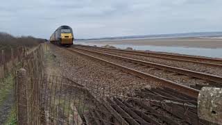 ex cross country 43303,43357 passes pwll with a mega 4 tone on Landore on derby crossover with 153s