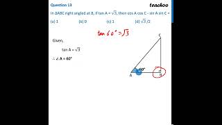 [Class 10] MCQ - In ∆ABC, if tan A= √3, then cos A cos C - sin A sin C - Teachoo