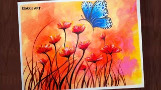 Butterfly with Flowers I Colorful Background using Sponge I Easy Technique Acrylic Painting