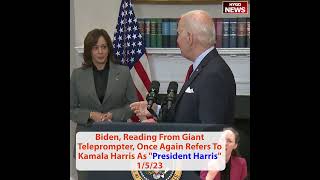 Reading from giant teleprompter, Biden once again refers to Kamala Harris As \