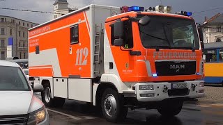 ELW, DLK, GW-Mess und WLF AB-Gefahrgut der Feuerwehr Leipzig auf Einsatzfahrt