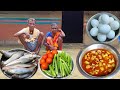 old grandma cooking FISH with CAPSICUM curry || EGG with LADYFINGER fry and eating with hot rice