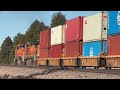 seven loco distributed power bnsf stack train westbound at maine az.