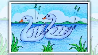 how to draw scenery with duck | Floating duck scenery drawing