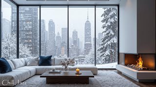 Winter Snowstorm at Cozy NYC Apartment Ambience with Warm Piano Jazz Music by Crackling Fire❄️🔥