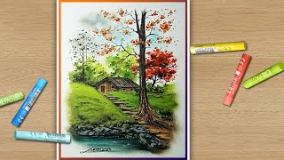 Tutorial Video / Oil Pastel - Beautiful VIllage Scenery Drawing using Oil Pastels #art