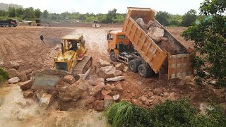 Fantastic Technique Filling Up Stones Into Flooded Land By Best KOMATSU Bulldozers And Dump Trucks