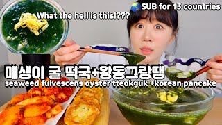 매니아들만 안다는 그 맛! 매생이굴떡국!! 그리고 왕동그랑땡 먹방!! 새해복많이받으세요💗 Seaweed fulvescens Oyster rice cake soup MUKBANG