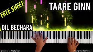 Taare Ginn Piano Instrumental Tutorial - Dil Bechara | Cover | Notes | Karaoke