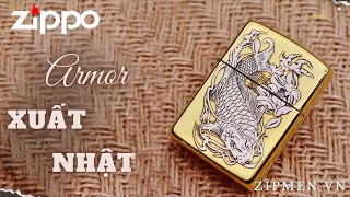 Hộp quẹt zippo armor cao cấp chủ đề cá chép trắng bông sen | bật lửa zippo chính hãng