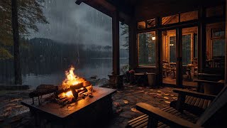 Cozy Cabin on Lakeside with Heavy Rain falling outside | Crackling Fireplace to Relax and Sleeping