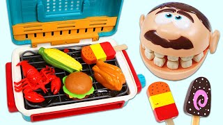 Feeding Mr. Play Doh Head Huge Meal Time & Desserts with Magic Play Dough BBQ Grill!