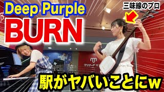 出会って0秒で藝大出身の三味線の美少女プロと『BURN / Deep Purple』セッションしたら現場がヤバいことに...【ストリートピアノ】【駒田早代さんコラボ】