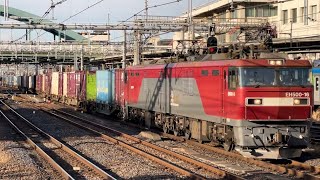 【好積載！とても鮮やか✨】JR貨物EH500形16号機＋コキ20B（両）が大宮駅4番線を高速入線からの急ブレーキをかけながら通過するシーン（3054レ・仙貨A113・コンテナ輸送）2024.12.26