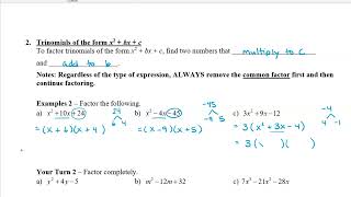 Math 12 Factoring Review