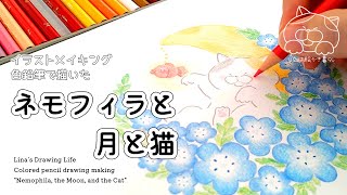 【色鉛筆イラスト】 メイキング動画 ネモフィラと月と猫 | Nemophila, the Moon, and the Cat | Colored pencil illustration making