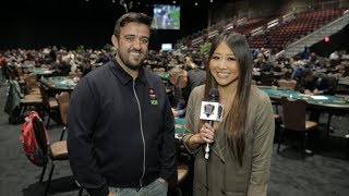 Championship Big Stack Andre Akkari Talks with Maria Ho on First Break