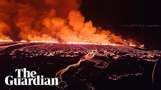 Aerial footage shows Icelandic volcano erupting