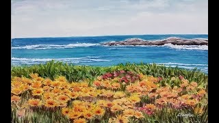 Painting Seascape with Flowers in Watercolor : 수채화로 바다풍경 그리기 , 해안풍경 그리기