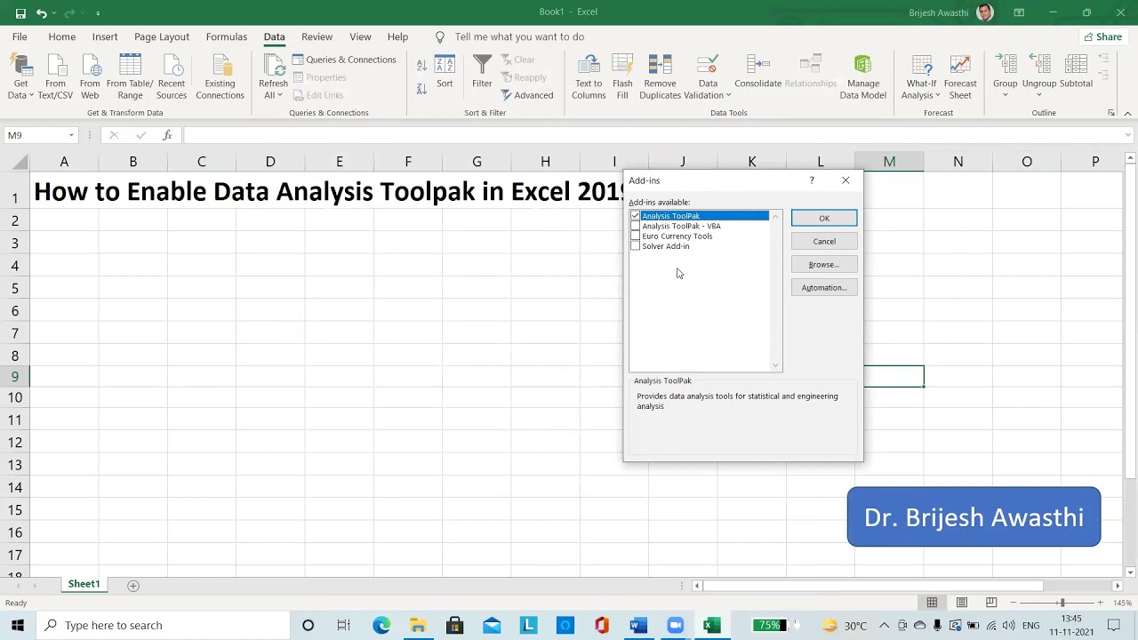 How To Enable Data Analysis Toolpak In Excel 2019 By Dr Brijesh Awasthi ...