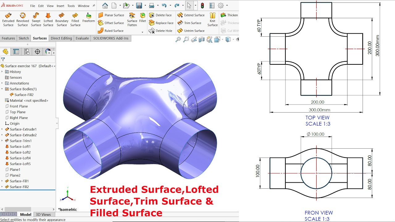Solidworks Surface Exercise 167 Extruded Surface Lofted Surface
