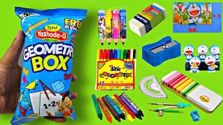 Geomatry Box Snacks Mein Nikle Doraemon Eraser, Spiderman sharpner, Multicolour Pen, Lipstick Eraser