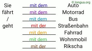 Sie fährt, geht, mit, nach, zu, in, Akkusativ: den, die, das, die, Dativ: dem, der, dem, den _ n, by