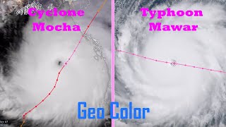 Geo Color Satellite Imagery of Cyclone Mocha and Typhoon Mawar (2023)