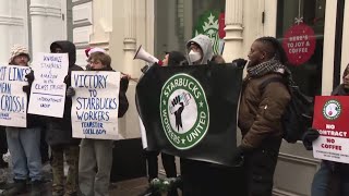 Starbucks baristas spend Christmas Eve on the picket line