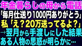 【スカッとする話】年金暮らしの母から電話「仕送りありがたいけど1000円じゃ猫の餌代にしかなくて…」私「え？毎月20万送ってるよ？」「え？」翌月から手渡しに変えた結果【修羅場】