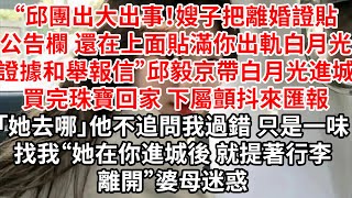 “邱團出大出事！嫂子把離婚證貼公告欄，在上面貼滿你出軌白月光的證據和舉報信”邱毅京陪白月光進城買完珠寶回家 下屬顫抖來匯報「她去哪」他不追問我過錯 倒執著找我“她在你進城後就提著行李離開”