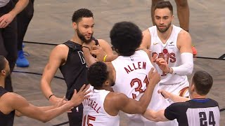 Jarrett Allen charges at Ben Simmons to fight after Ben pushed him to the ground