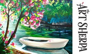 How to paint with Acrylic Lakeside Boat and Pink Flowering Tree | TheArtSherpa