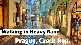 Walking in Heavy rain, Prague, Czech Republic - Rain Ambience 4K